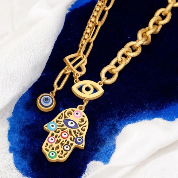 18K Gold Plated Evil Eye Hamsa Hand Necklace Layered Statement Charm - Picture 4 of 11